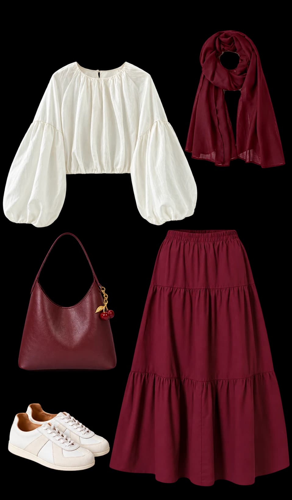 Transparent outfit board: Balloon-sleeve blouse · Tiered maxi skirt · Scarf · Shoulder bag · White sneakers