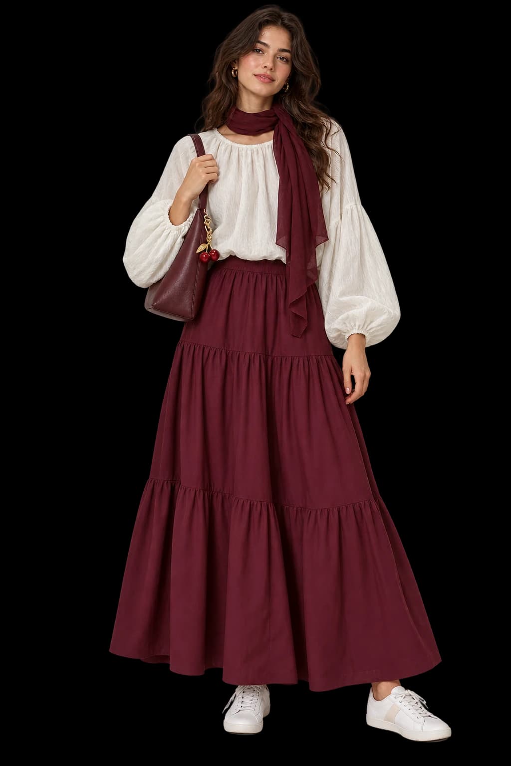 Fictional adult woman with a realistic fully visible face wearing an ivory balloon-sleeve blouse, burgundy maxi skirt and scarf, shoulder bag and white sneakers