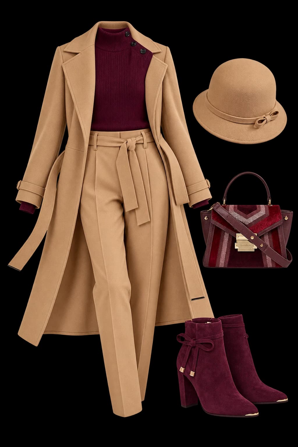 Transparent outfit board: Belted coat · High-neck knit · Tie-waist trousers · Ankle boots · Cloche hat · Structured bag