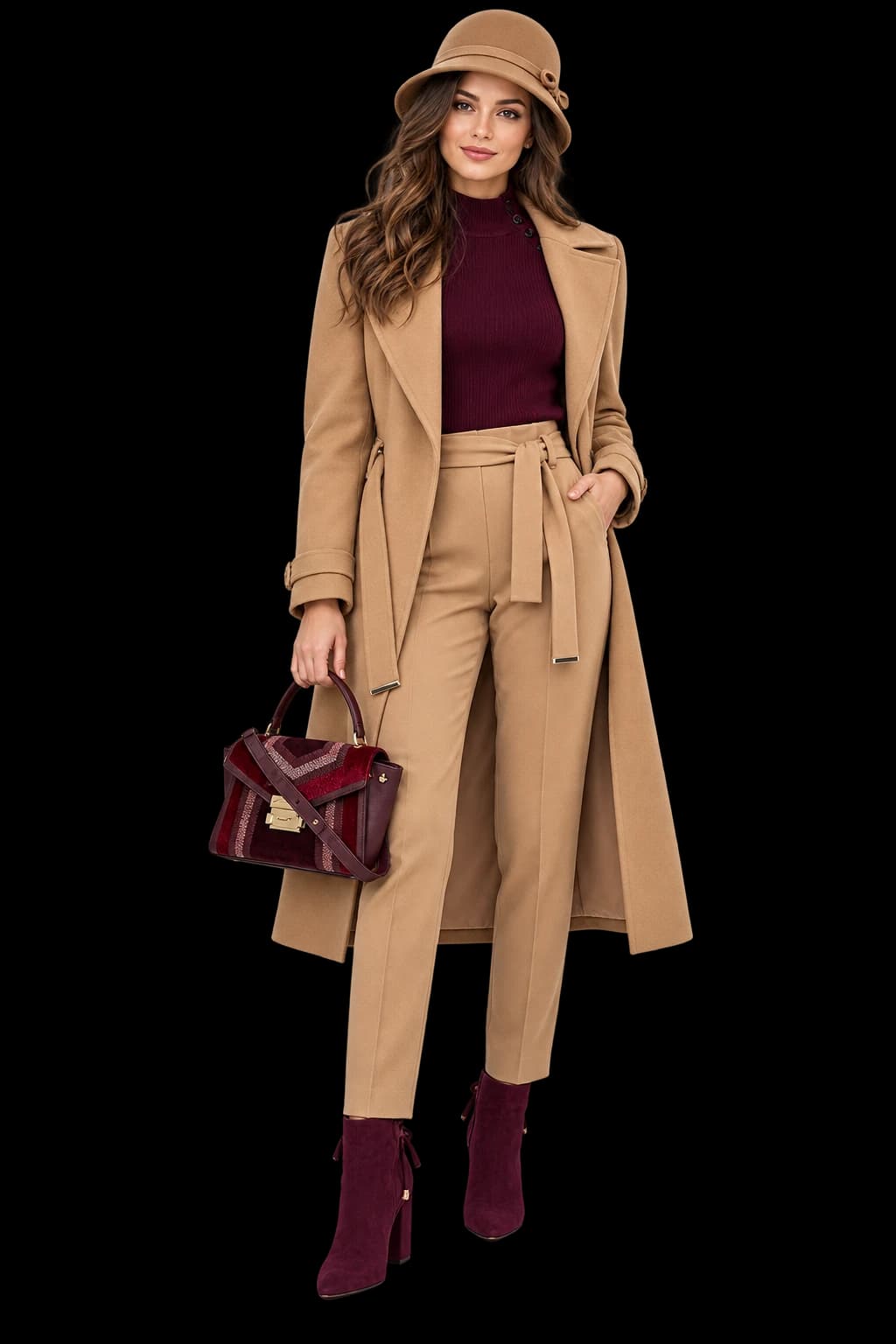 Fictional adult woman with a realistic fully visible face wearing a camel coat and trousers, burgundy knit and ankle boots, camel cloche hat and burgundy handbag