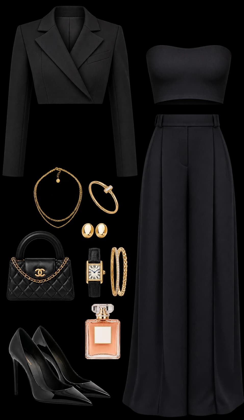 Transparent outfit board: Cropped blazer · Bandeau · Wide-leg trousers · Pointed heels · Quilted bag · Gold accessories