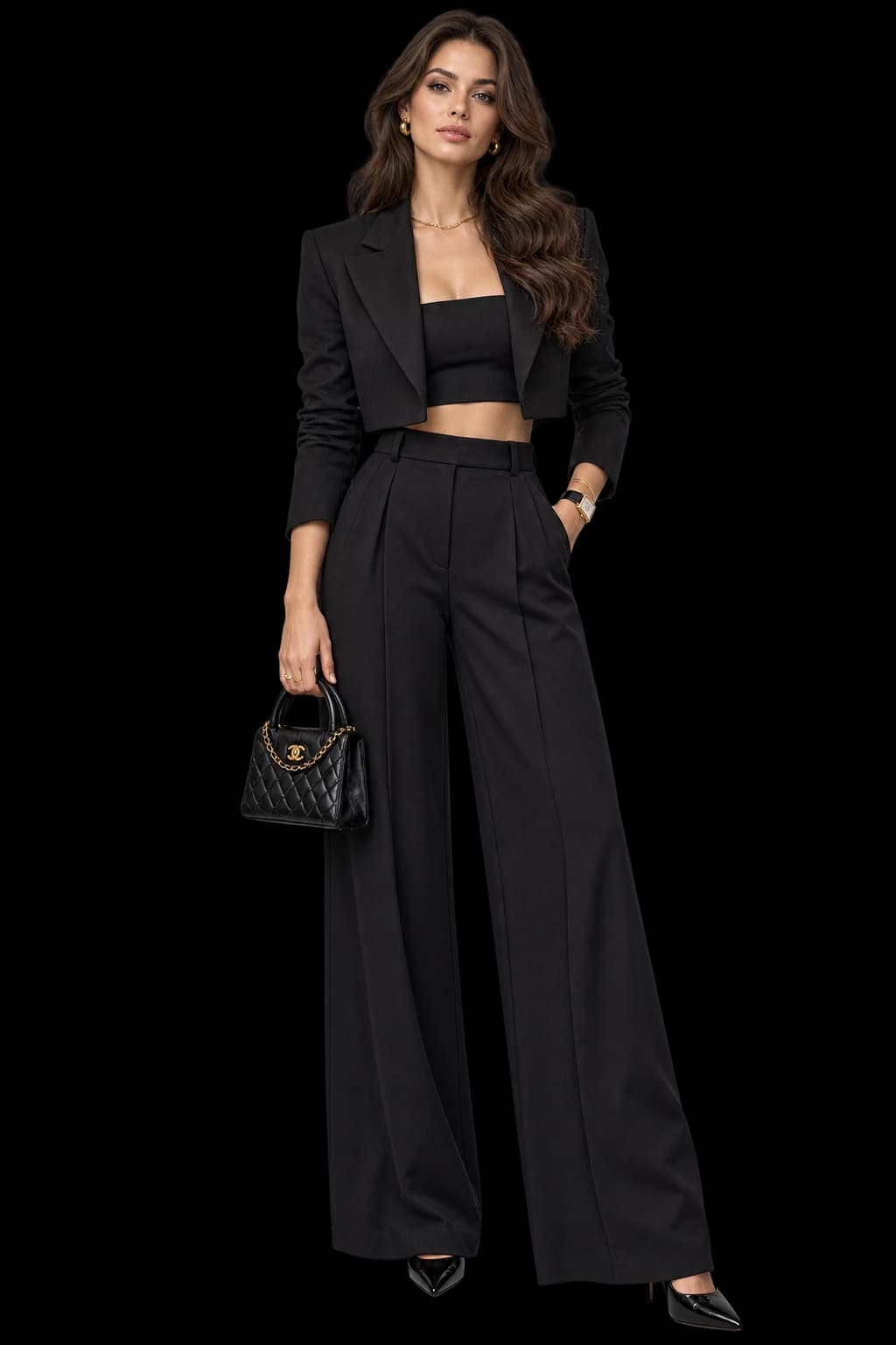 Fictional adult woman with a realistic fully visible face wearing a black cropped blazer, bandeau, wide-leg trousers, pointed heels and gold accessories