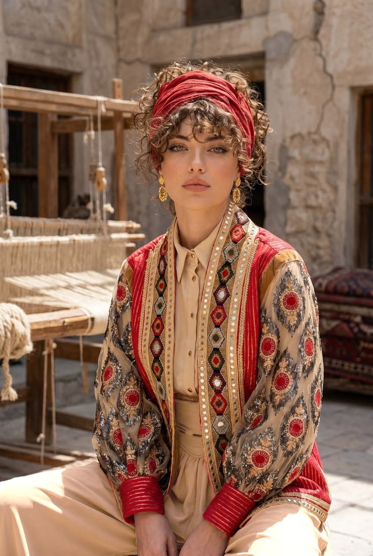 Model wearing a red and gold embroidered jacket over cream separates, with a red head wrap beside a loom