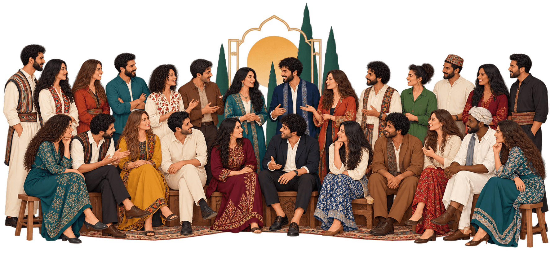 An imagined gathering of Iranian women and men in contemporary regionally inspired clothing, seated and standing in conversation